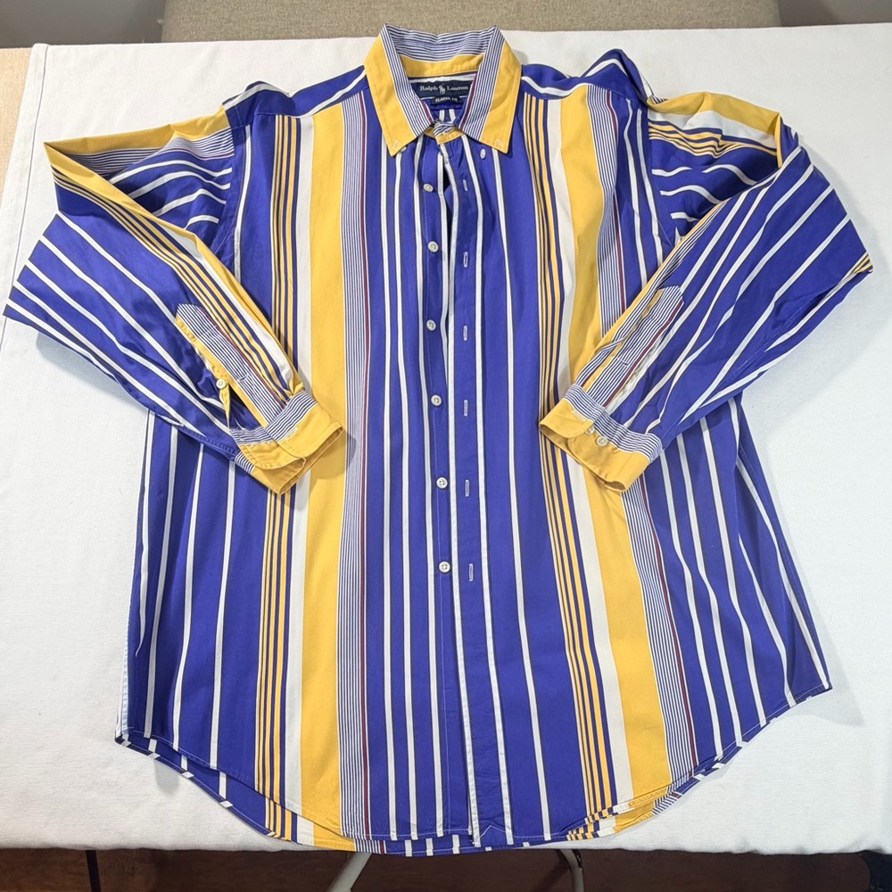 Ralph Lauren Men's Blue and Yellow Striped Shirt